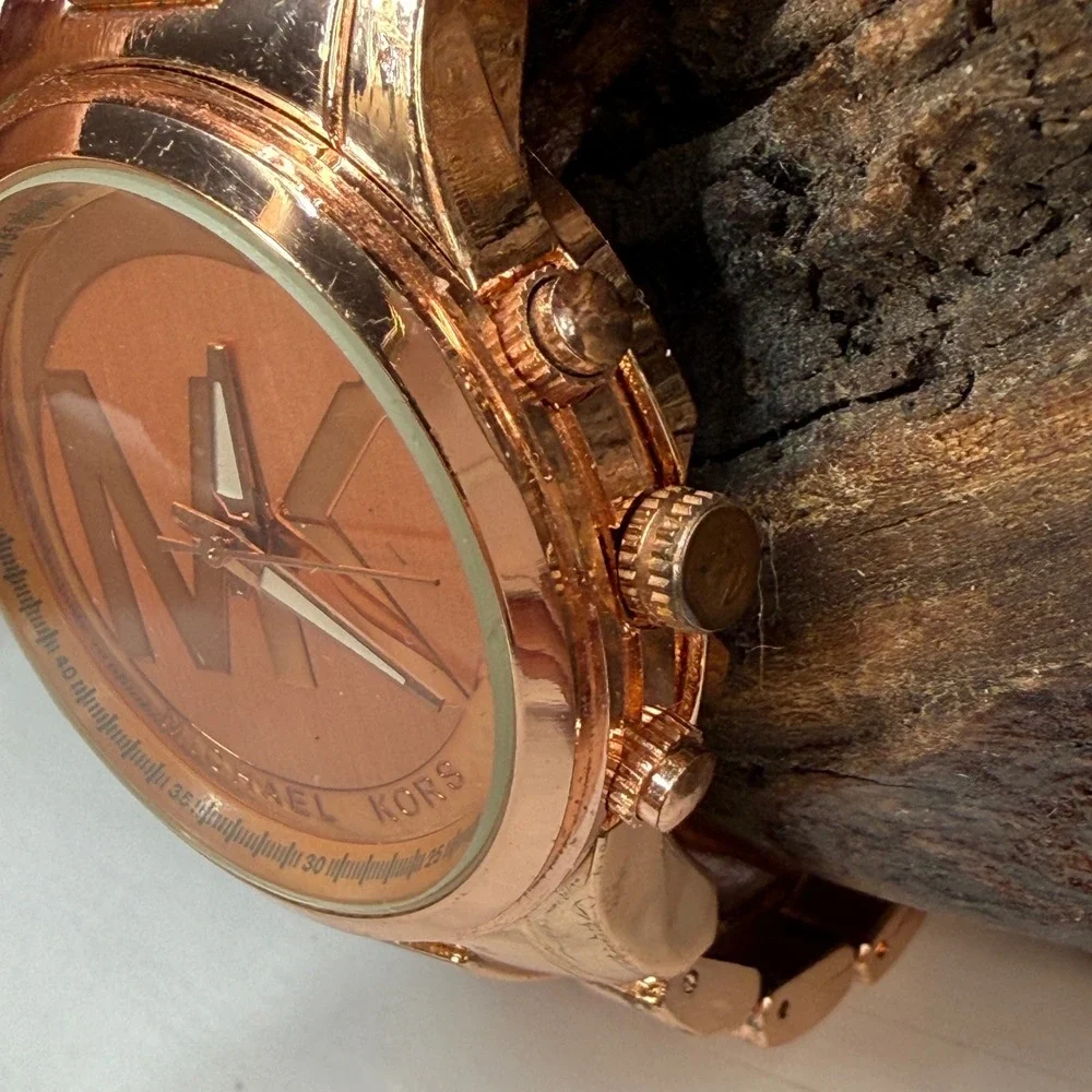 Michael Kors Rose Gold Tone Runway MK-1038 Oversized Logo Watch